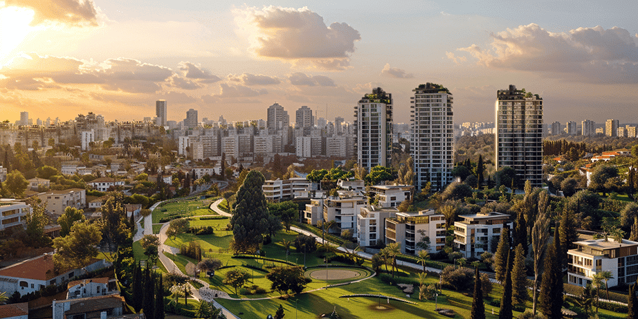 נוף פנורמי של קריית אתא עם מגדלי מגורים מודרניים, פארקים ירוקים ונוף עירוני בשעת שקיעה.