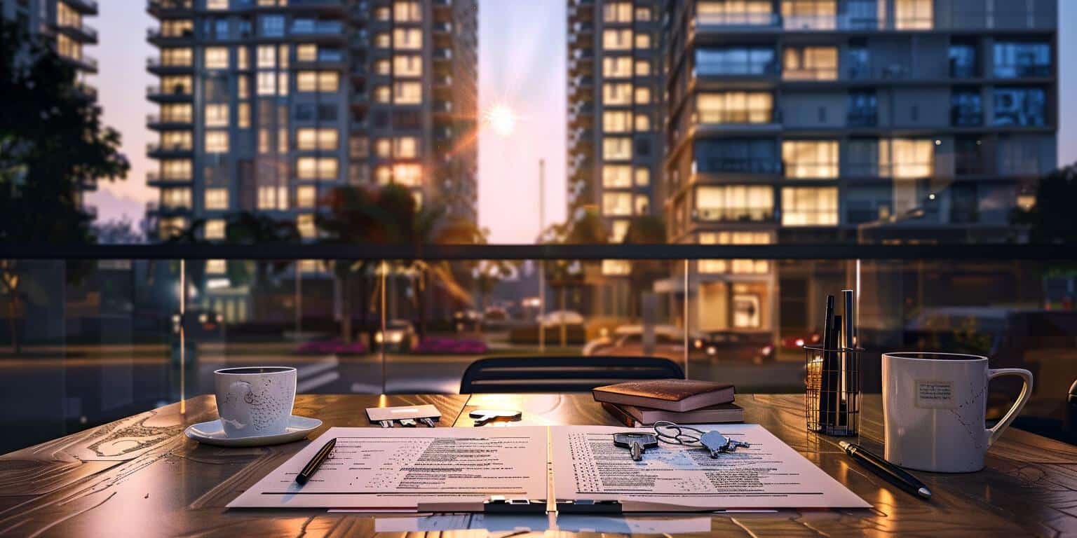 חוזה שכירות מפורט מונח על שולחן לצד כוס קפה ומפתחות – מסמל את החשיבות של הבנת הסכם השכירות