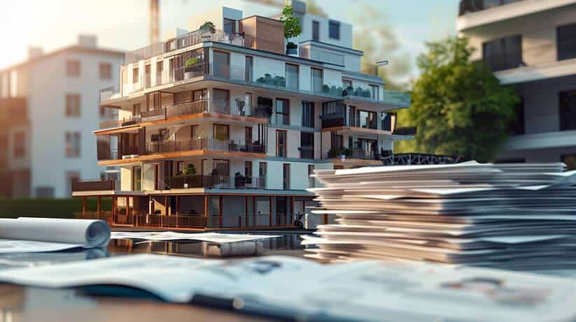 בניין מגורים חדש לצד מסמכים משפטיים, המסמלים את תהליך רישום הדירה בטאבו.