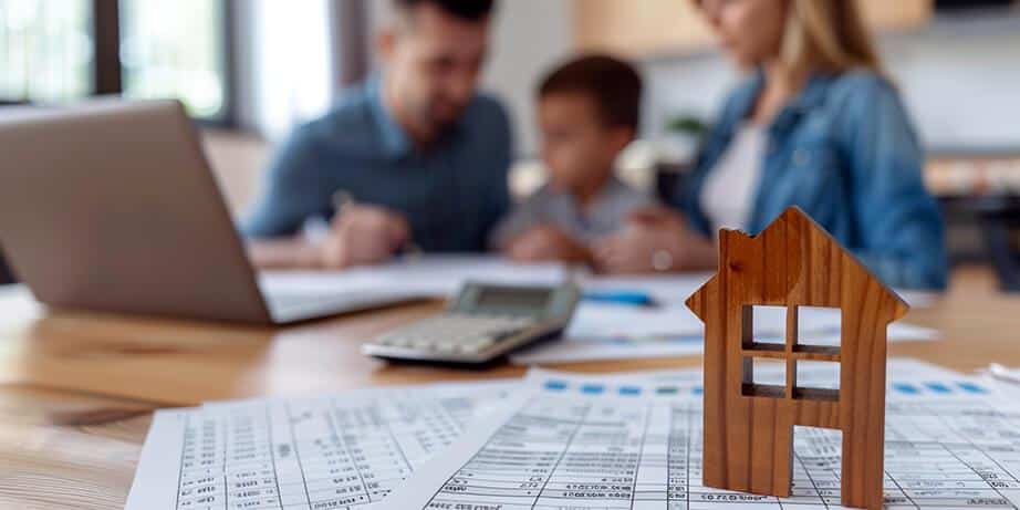 משפחה יושבת ליד שולחן עם מסמכים, מחשבון ודגם עץ של בית, דנים באישור עקרוני למשכנתה.