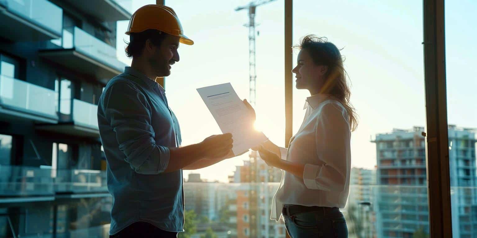 קבלן נפגש עם לקוחה לצורך דיון על מכירת נכס לפני קבלת טופס 4, תוך דגש על ההיבטים המשפטיים והכלכליים