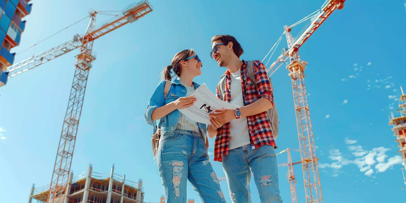 זוג צעיר אוחז במסמכים באתר בנייה עם מנופים ברקע, מסמל ליווי בנקאי ואחריות ברכישת דירה מקבלן