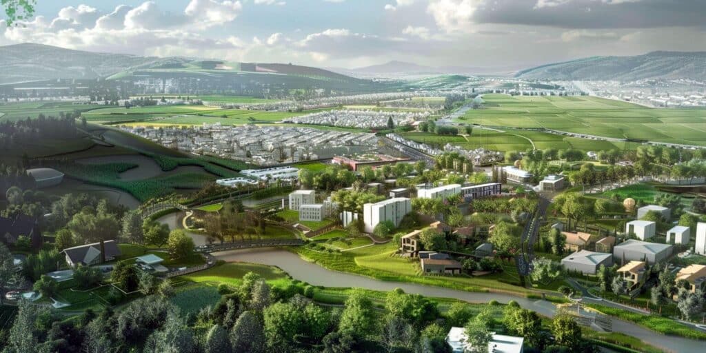 הדמיה של פיתוח אורבני בקריית שמונה, עם דגש על מגורים, תעסוקה, שטחים ירוקים ותשתיות תחבורה מתקדמות