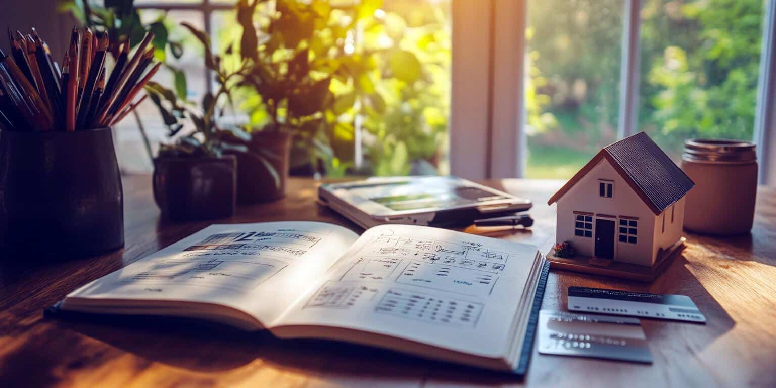 תכנון לוח תשלומים לרכישת דירה: מחברת עם תכנון פיננסי, מודל בית קטן וכרטיסי אשראי על שולחן עבודה מואר באור שמש טבעי.