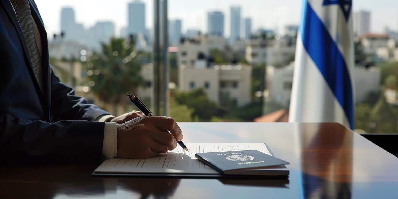 תושב חוץ חותם על מסמכי רכישת נדל"ן בישראל, עם דגל ישראל ברקע, כסמל לעסקאות מקרקעין בין-לאומיות ולתהליך המשפטי הנדרש
