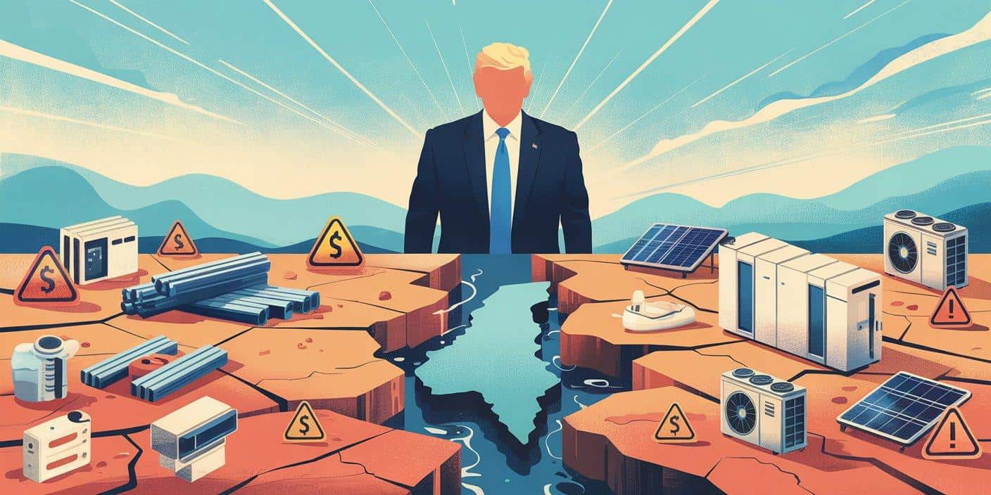 איור סמלי של השפעת המכסים על חומרי גלם וטכנולוגיות בבנייה הישראלית