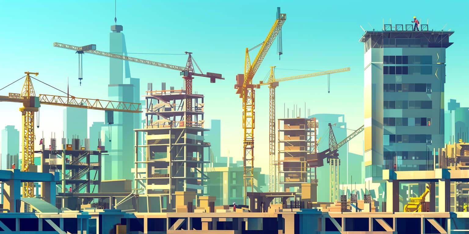 הדמיה של אתרי בנייה בישראל בשנת 2024 עם עגורנים ובניינים בשלבי הקמה, המשקפת את נתוני הלמ"ס על התחלות וגמרי בנייה.