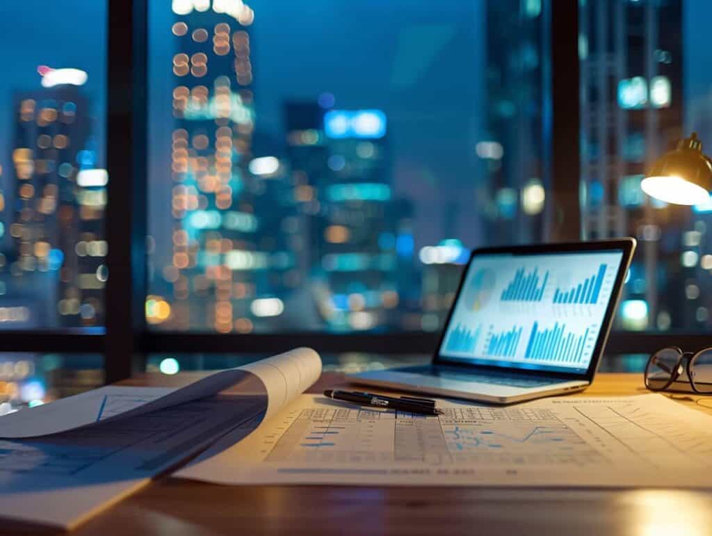 שולחן עבודה עם מחשב פתוח ודוחות נדל"ן, מול נוף עירוני מואר בלילה – המחשה למחקר שוק מקצועי בראשון לציון.