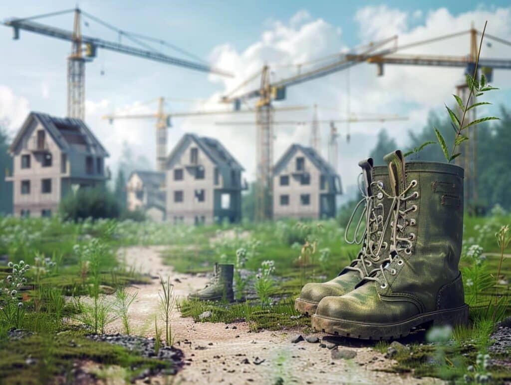מגפי חיילים בשטח פתוח עם בתים בבנייה ברקע – ייצוג סמלי להטבות הקרקע למשרתי מילואים בישראל
