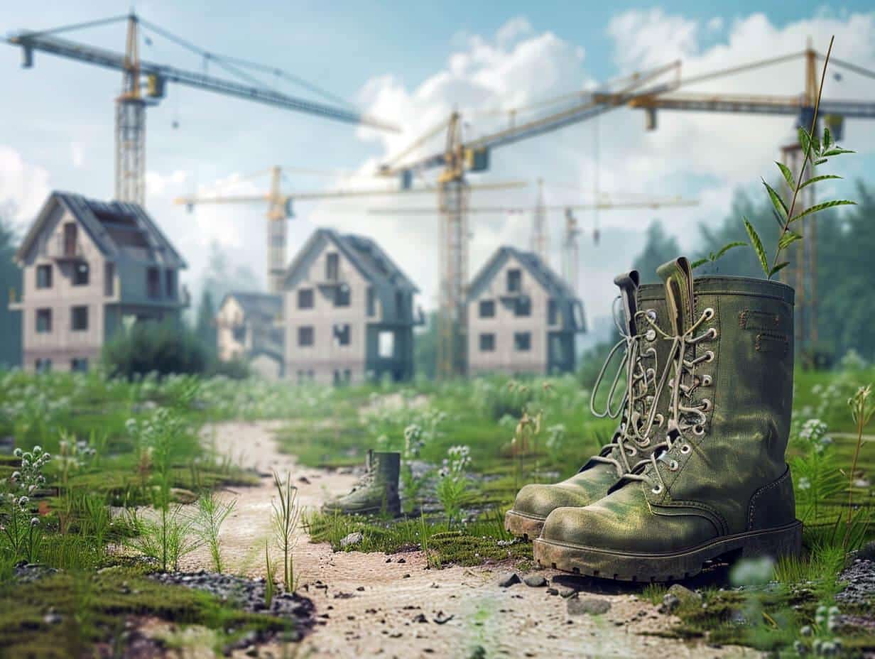 מגפי חיילים בשטח פתוח עם בתים בבנייה ברקע – ייצוג סמלי להטבות הקרקע למשרתי מילואים בישראל