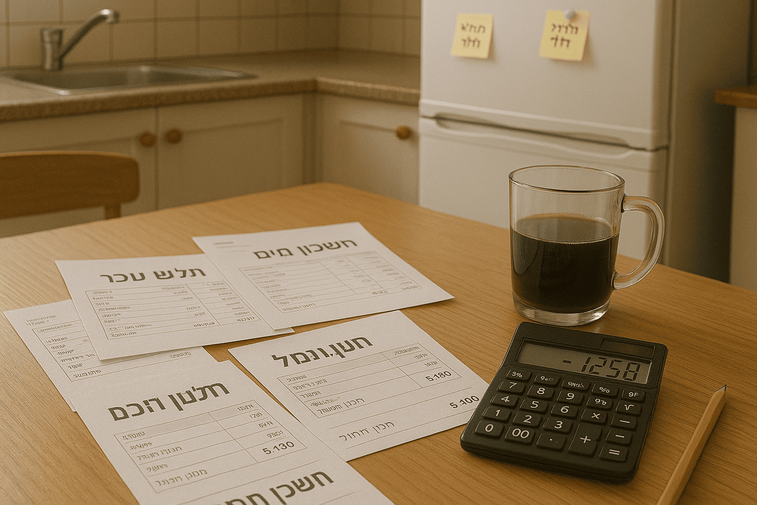 חשבונות חודשיים על שולחן מטבח ישראלי לצד מחשבון, עיפרון וכוס קפה – מייצגים את ההתמודדות עם יוקר המחיה בישראל.