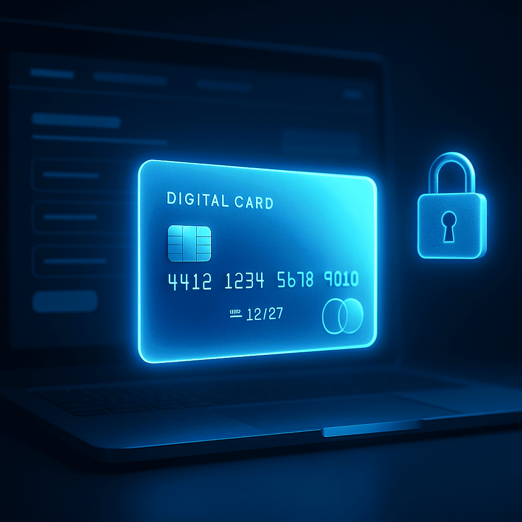 איור דיגיטלי של כרטיס אשראי וירטואלי מואר בצבע כחול, מרחף מול מסך מחשב כהה עם טופס הרשמה. סמל מנעול מאובטח מימין מבליט את תחושת ההגנה והפרטיות.
