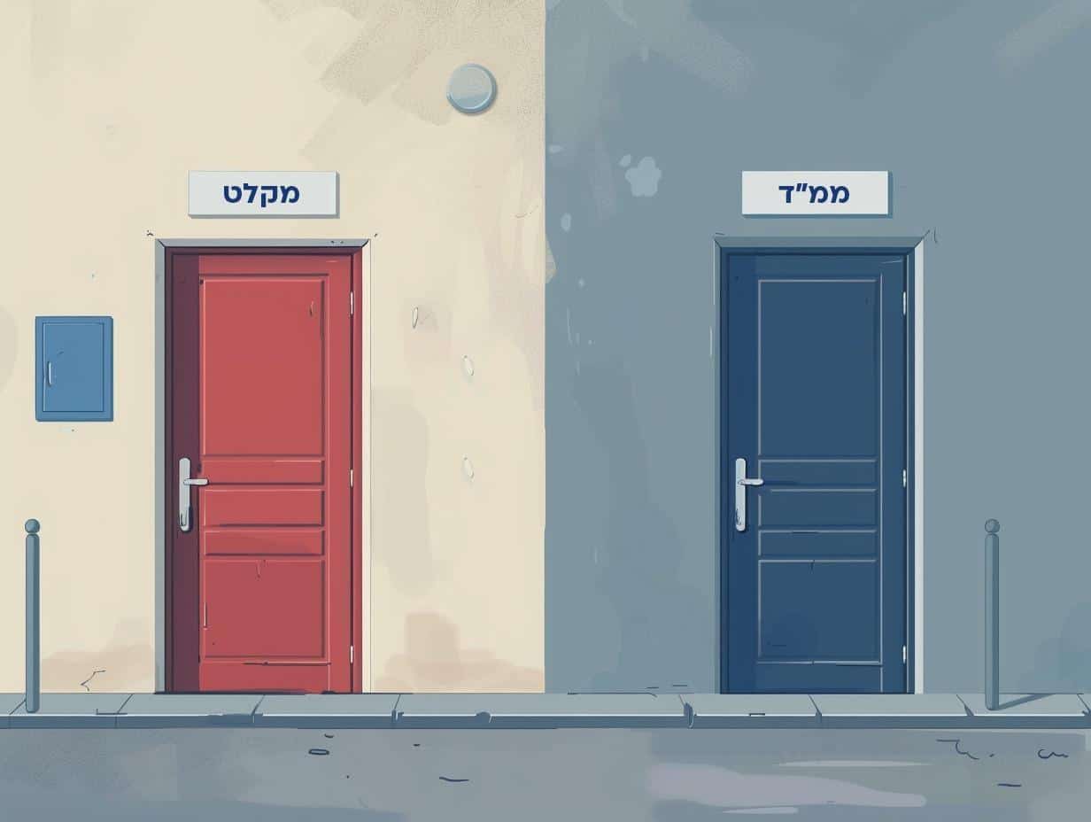 שתי דלתות זהות מבחוץ, האחת עם שלט "מקלט" והשנייה עם שלט "ממ"ד" – המחשה של ההתלבטות בבחירת המרחב המוגן המתאים בזמן אזעקה.