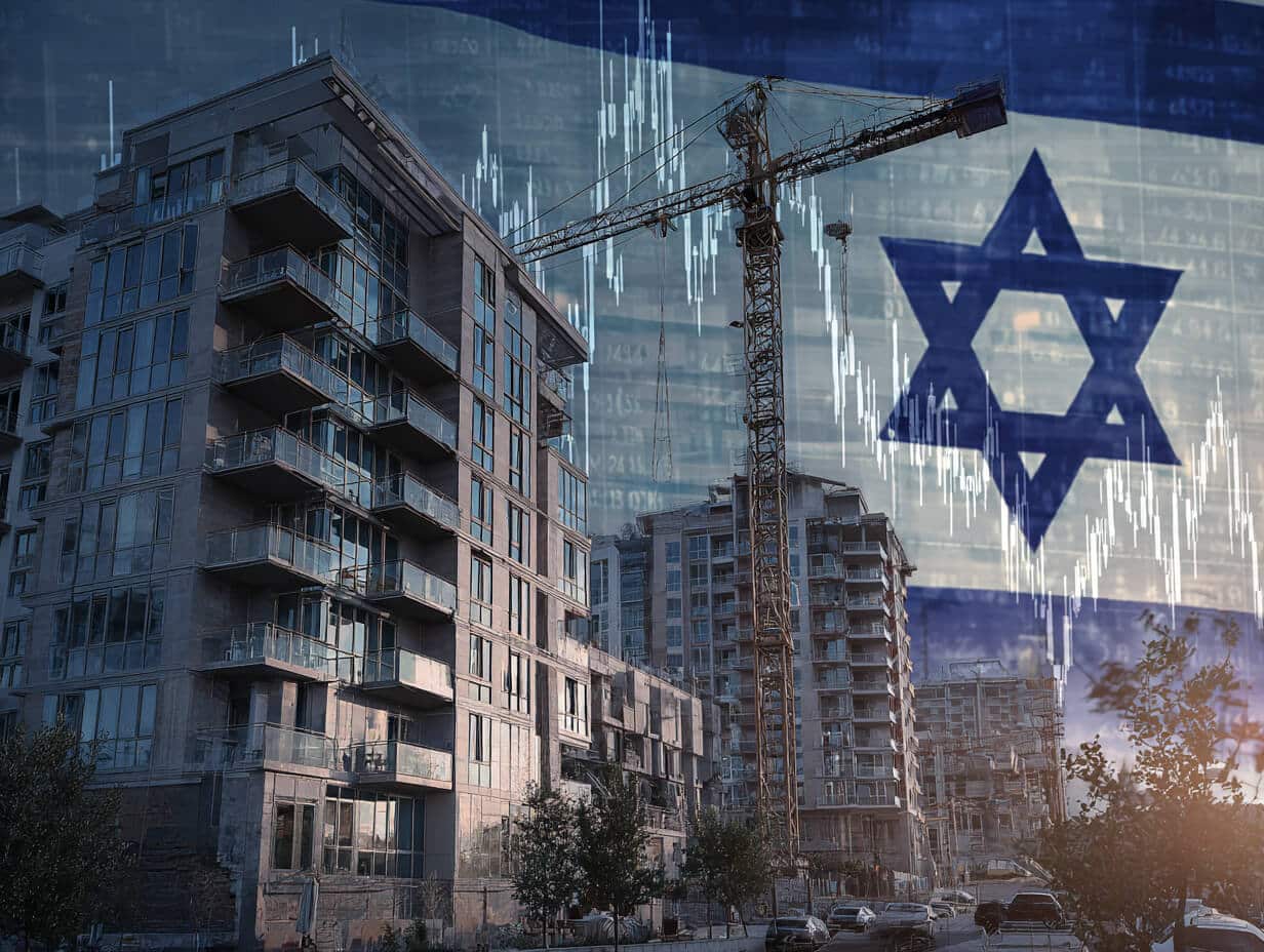 בניינים חדשים עם מנופים, על רקע דגל ישראל וגרפים כלכליים — משקפים את חוסן שוק הנדל"ן הישראלי בתקופת פוסט-מלחמה.