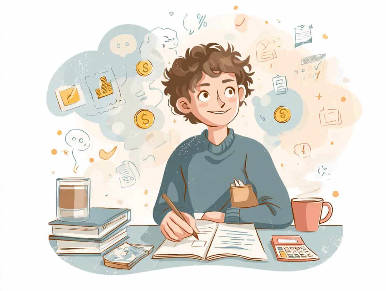 אדם צעיר מתכנן תקציב חודשי על רקע סמלים של כסף, חיסכון וניהול פיננסי