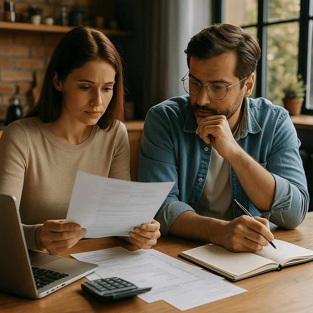 זוג צעיר יושב יחד בסלון מואר, בוחן מסמכים פיננסיים במחשב נייד, מסביב אווירה ביתית רגועה ועתידית.