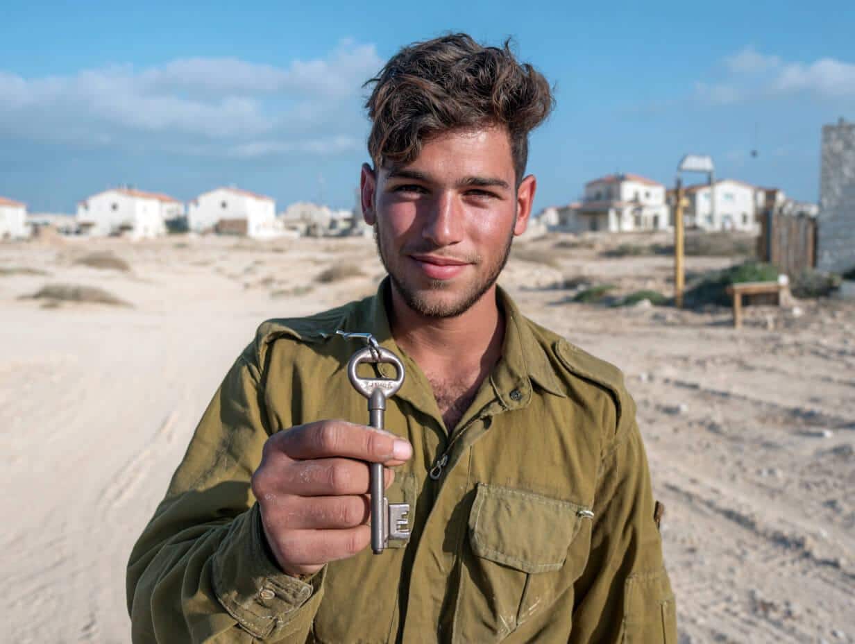 חייל מילואים מחזיק מפתח על רקע מגרשים ריקים – סמל להזדמנות לקבלת קרקע מסובסדת לבנייה עצמית בדרום ובצפון