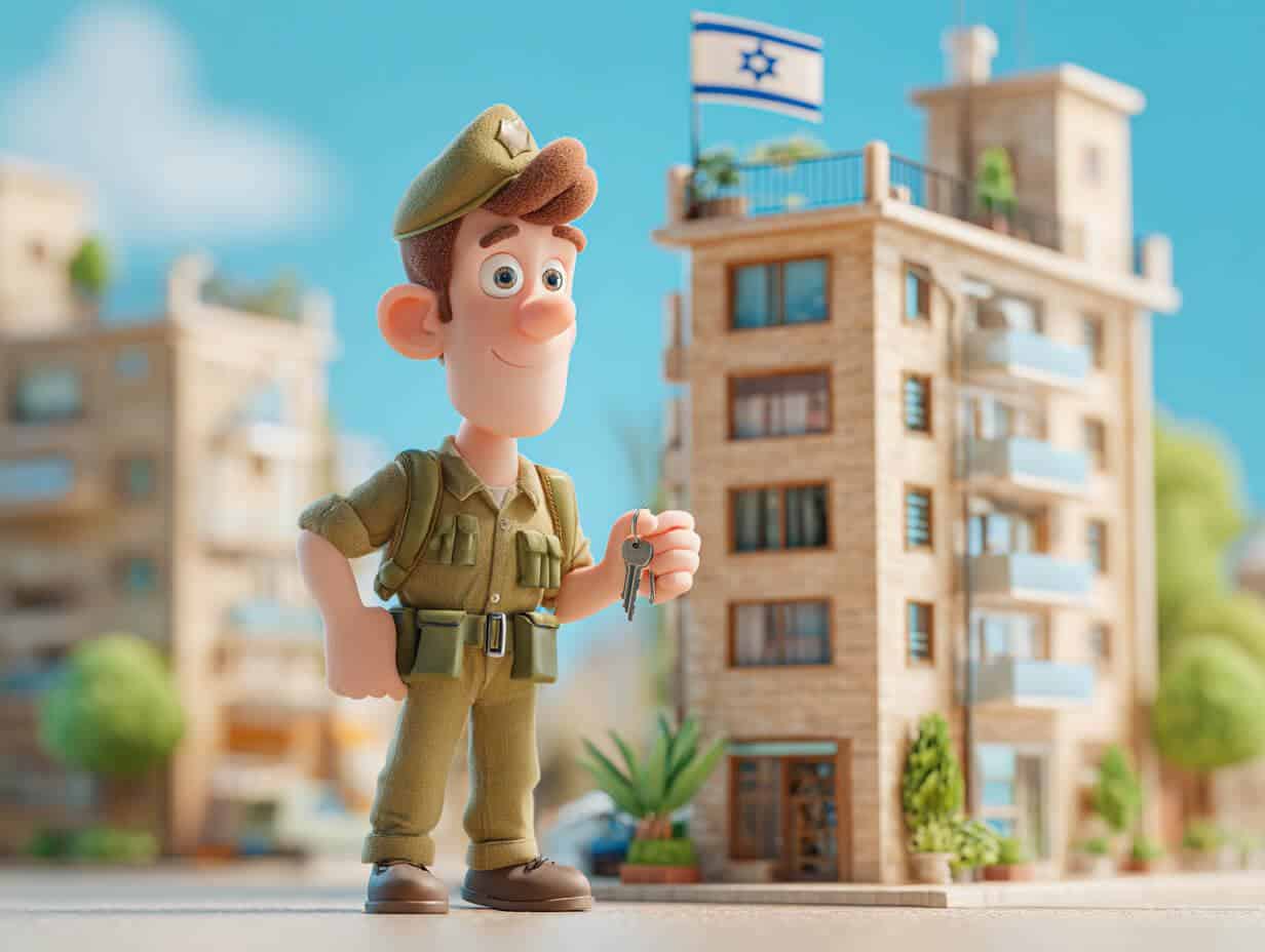 חייל ישראלי מחזיק מפתח מול בניין דירות – סמלי להגרלת דירה בהנחה 2025