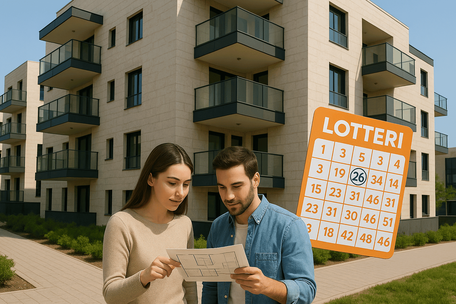 זוג צעיר בוחן תכנית דירה מול בניין מודרני חדש, שלט פרסומי לבן וכרטיס לוטו כתום לצידם.