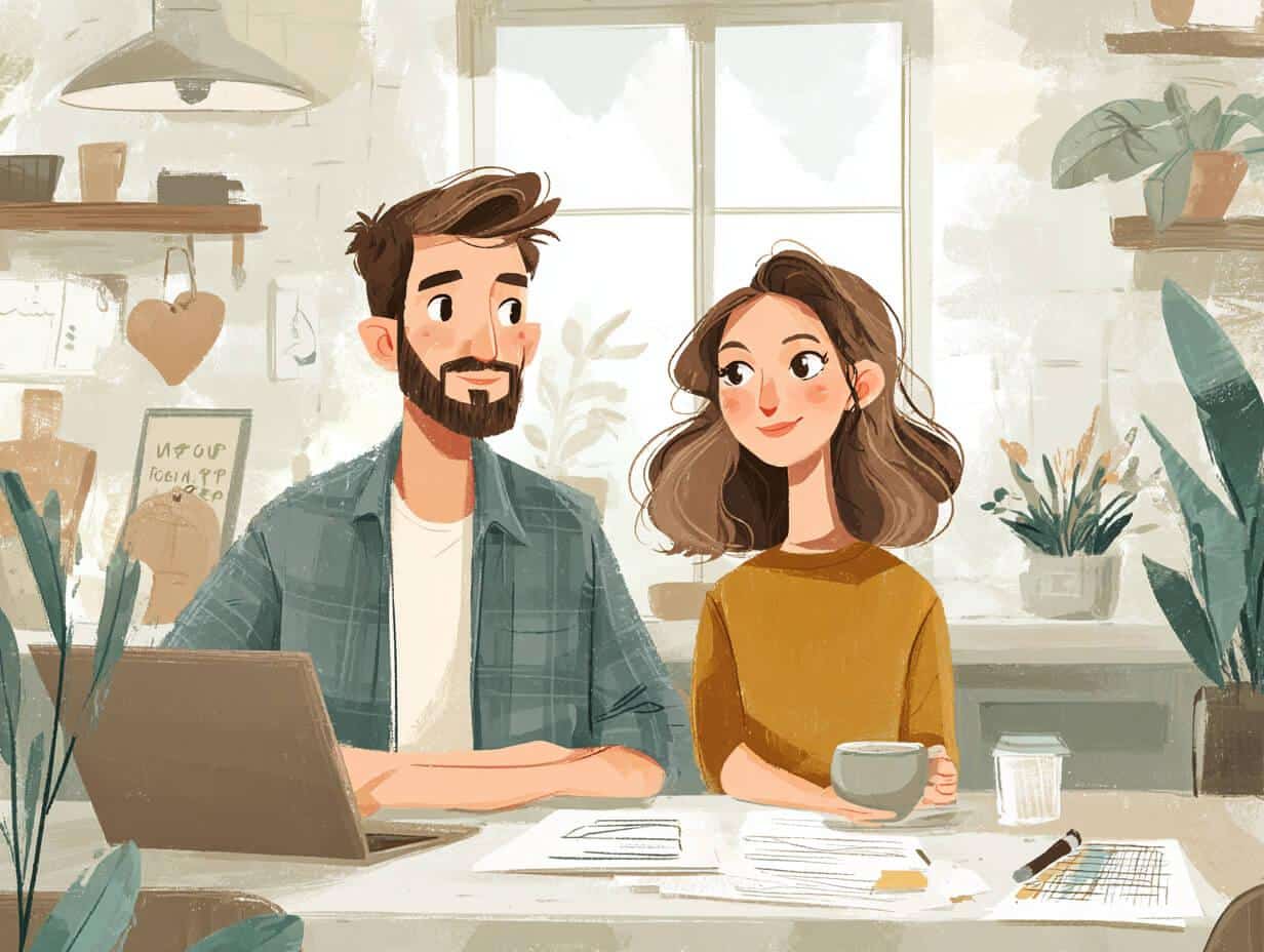זוג צעיר יושב מול מסמכים ולפטופ, מתכנן רכישת דירה בהנחה ומתמודד עם שאלות מימון ומשכנתה