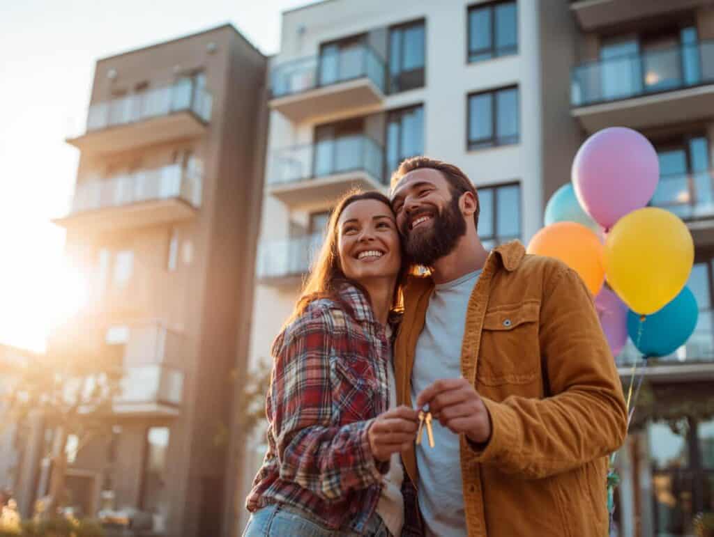 זוג צעיר מחזיק מפתחות לדירה חדשה לאחר זכייה בהגרלת דירה בהנחה, ברקע בניין מגורים חדש