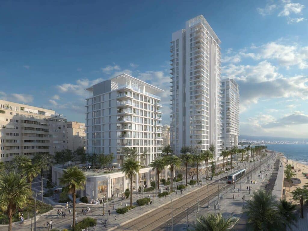 הדמיה של פרויקט פינוי-בינוי חדש בקריית ים עם מגדלי מגורים מודרניים סמוך לחוף הים