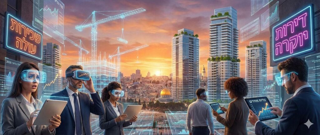 אנליסטים ומשקיעים בוחנים מגמות שוק הנדל"ן העתידי בישראל באמצעות טכנולוגיה, עם רקע של מגדלים בעיר, עליות מחירים ושלטים וירטואליים