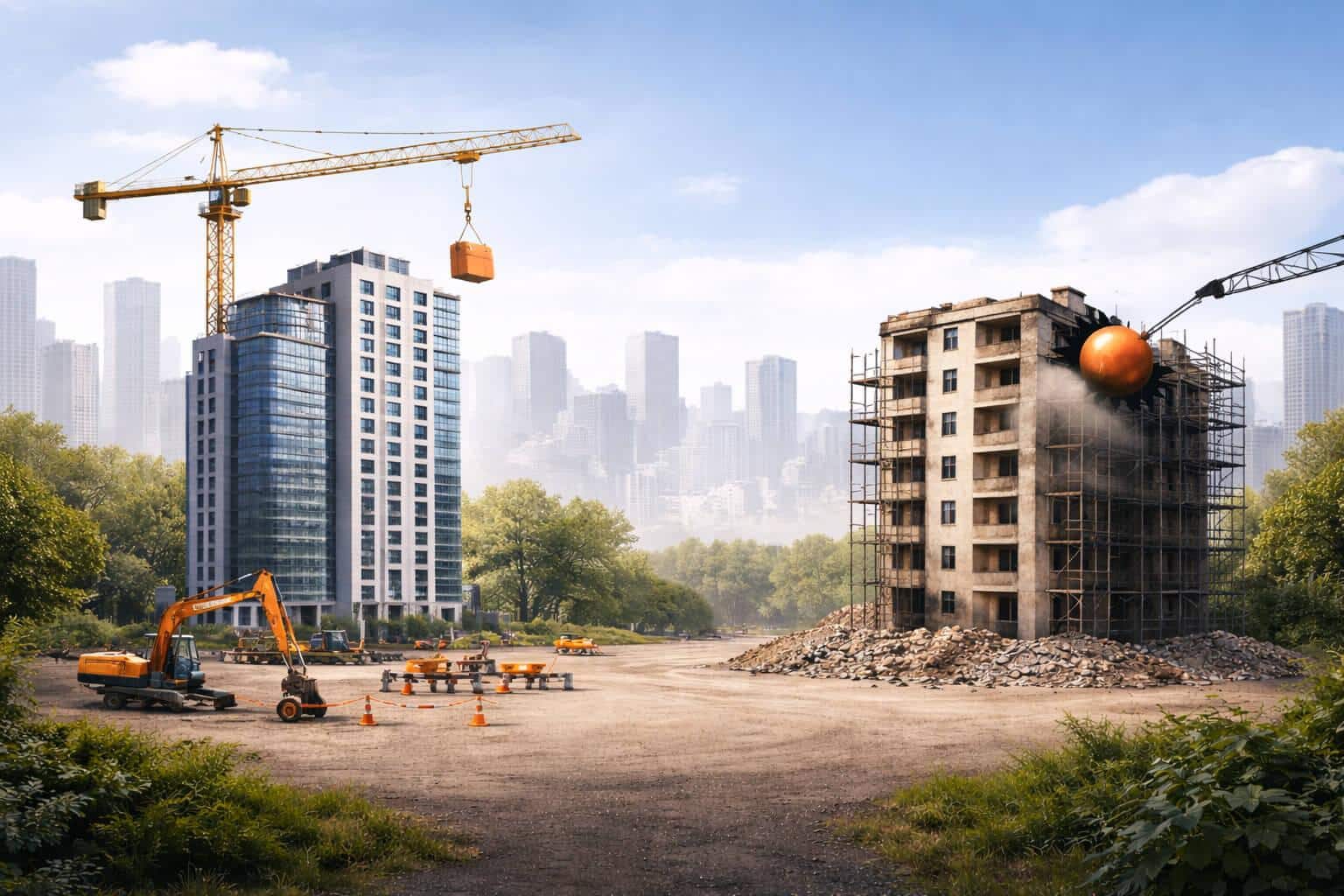 אתר בנייה בהתחדשות עירונית – מעבר בין הריסה לבנייה חדשה בשנת 2025