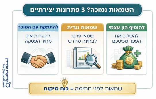 אפשרויות פעולה כאשר שמאות נכס נמוכה ממחיר הרכישה כולל הוספת הון עצמי, שמאות נגדית ומשא ומתן עם המוכר