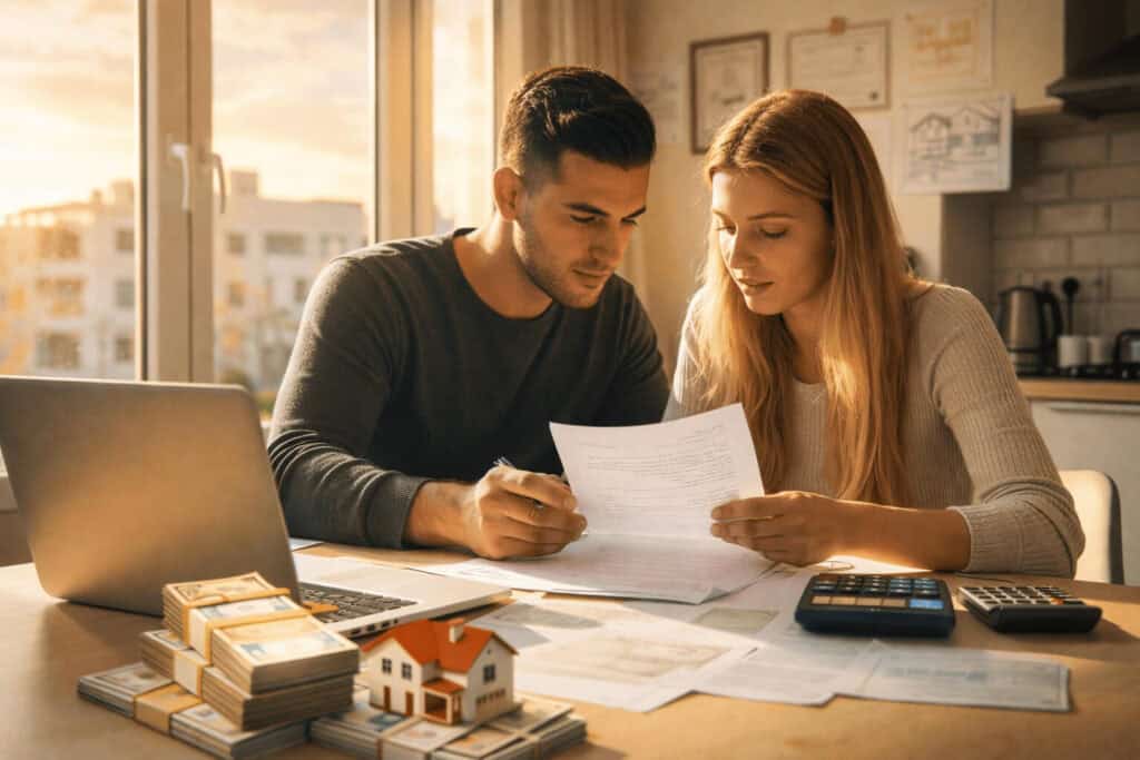 זוג צעיר בודק מסמכים פיננסיים ומשכנתה כהכנה לרכישת דירה במסגרת תוכנית דירה בהנחה, כולל חישוב הון עצמי ועלויות נוספות לפני ההגרלה.