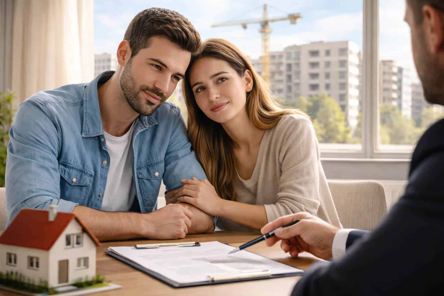 זוג רוכשי דירה יושב עם עורך דין נדל״ן ומקבל הסבר על חוזה רכישה, תוך קבלת החלטות חשובות לפני קניית נכס בישראל
