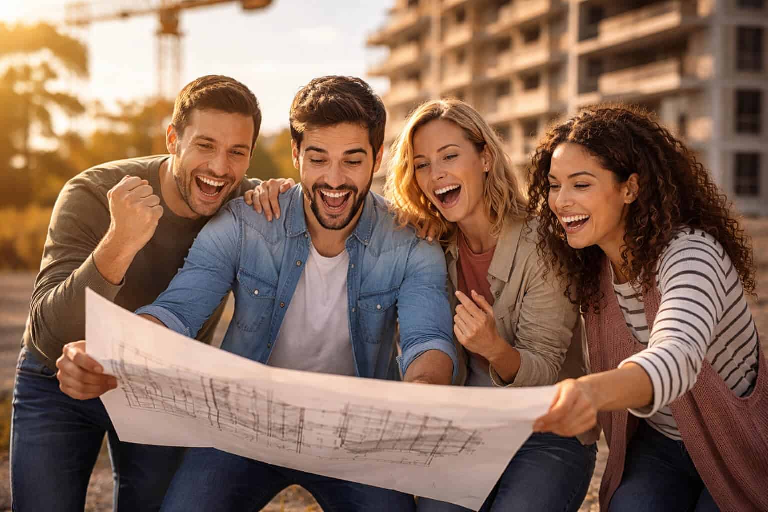 קבוצת רוכשים בוחנת תוכנית בנייה בפרויקט נדל״ן, המחשה למודל קבוצות רכישה, חיסכון פוטנציאלי לצד סיכונים כמו חריגות תקציב ועיכובים במסירת דירות