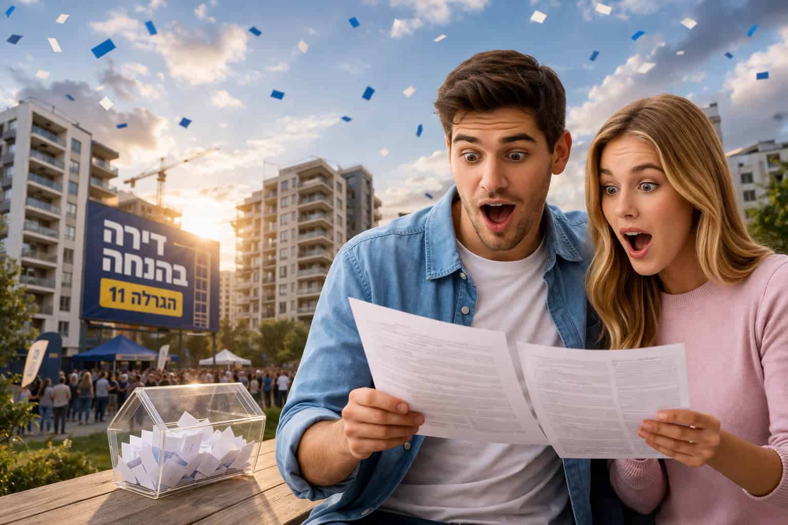 זוג צעיר מגיב בהתרגשות לזכייה בהגרלת דירה בהנחה 2026 עם אלפי דירות מסובסדות ב-16 ערים ועדיפות למשרתי מילואים