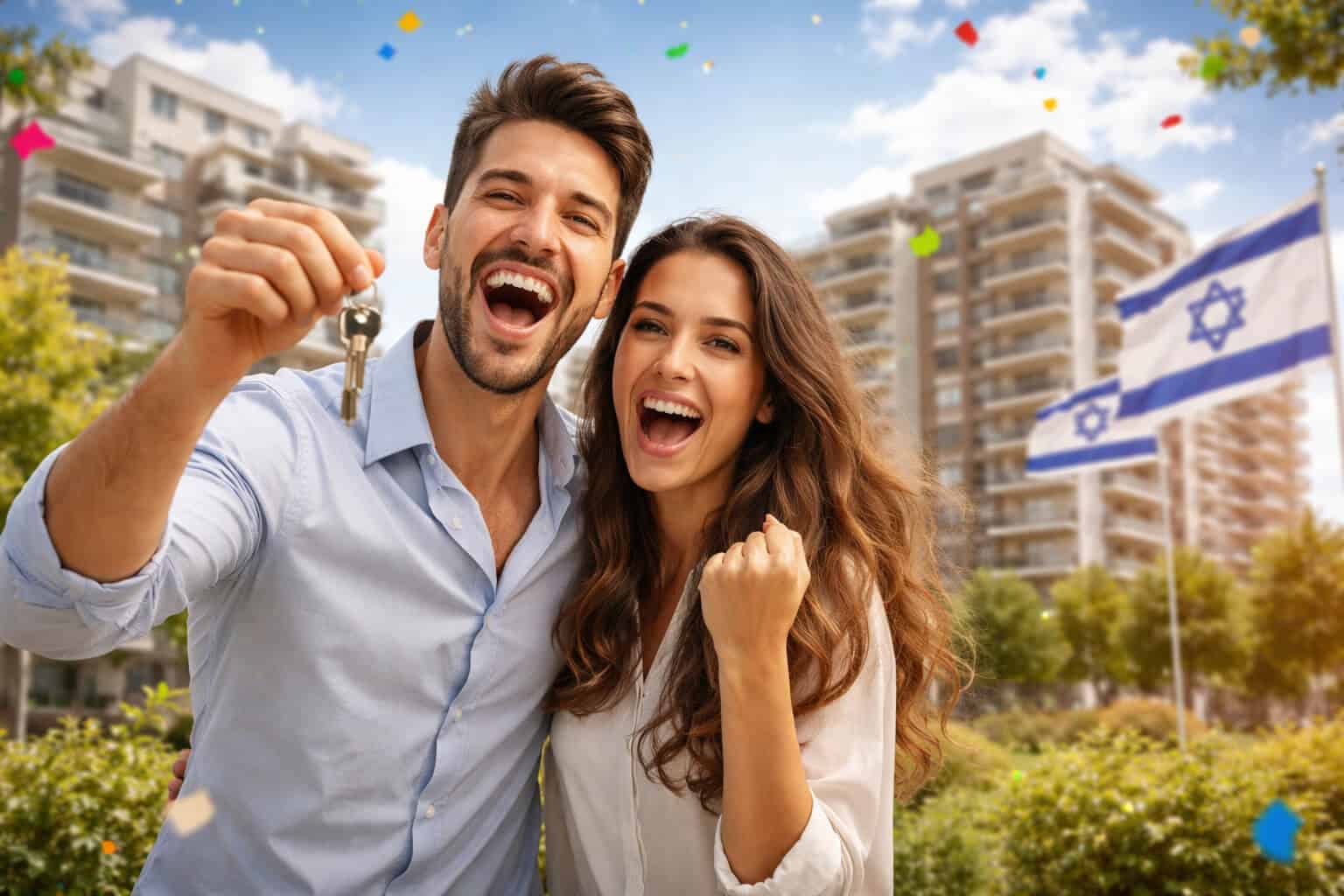 זוג צעיר חוגג זכייה אפשרית בדירה במסגרת הגרלת דירה בהנחה 11 הכוללת מעל 7,000 דירות ב-19 ערים בישראל