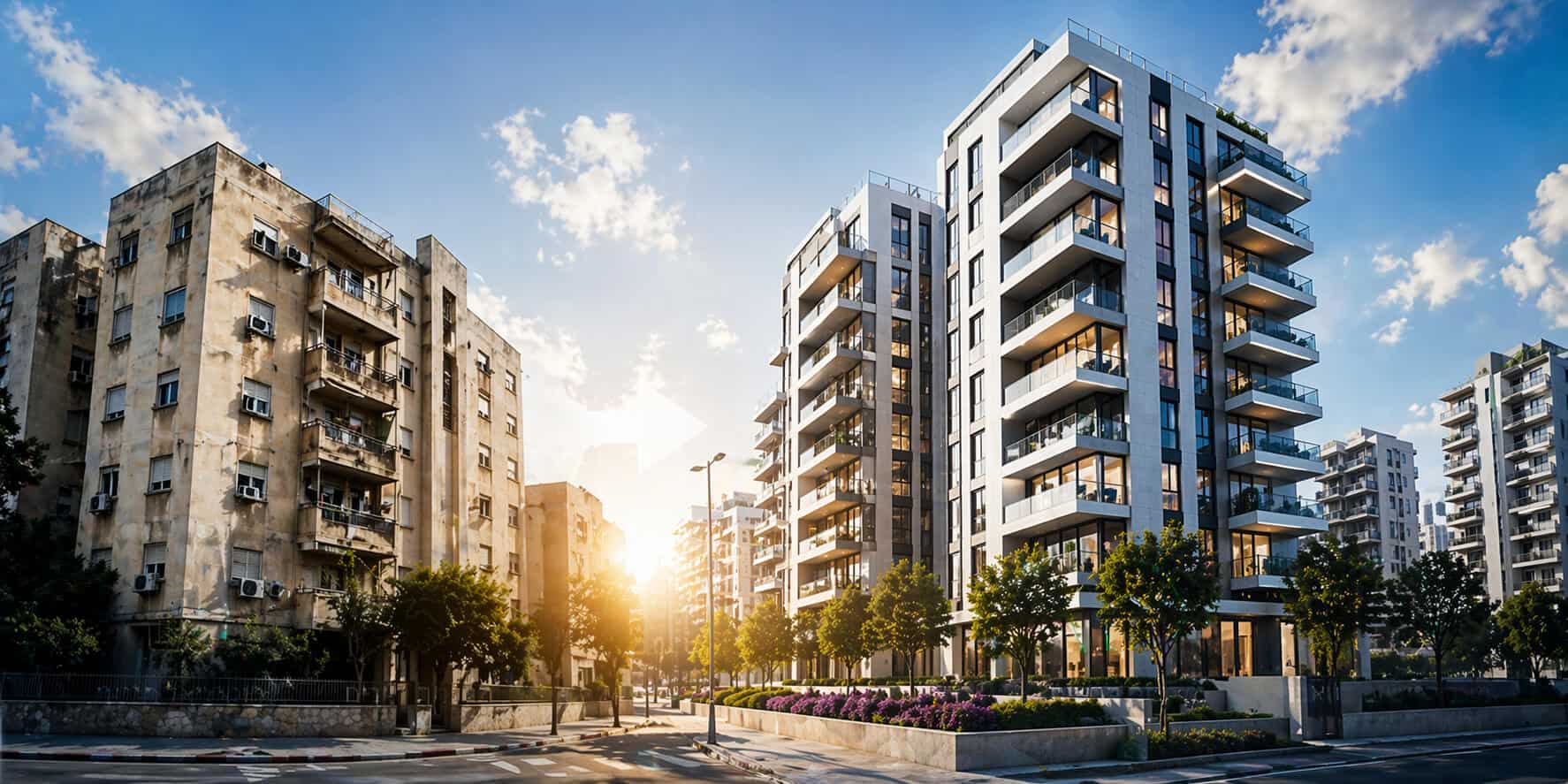 המחשה לתהליך פינוי-בינוי בישראל: בניין ישן מול בניין חדש ומודרני, המסמלת את ששת הקריטריונים המרכזיים לבדיקת התאמת בניין להתחדשות עירונית.
