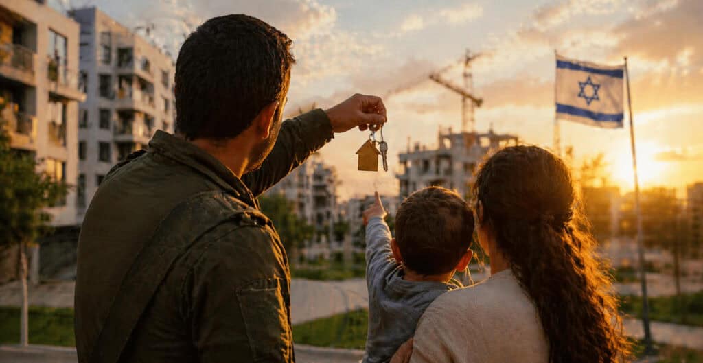 משפחה ישראלית מביטה לעבר פרויקט מגורים חדש, כסמל להשפעת תוכנית "ממילואים למפתח" המעניקה עדיפות למשרתי מילואים בהגרלות דירה בהנחה, שכירות ארוכת טווח והנחות ברכישת דירה.