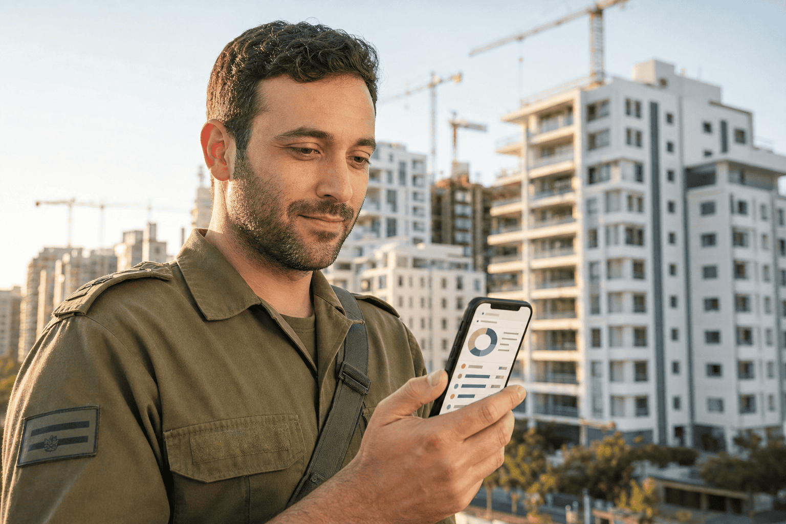 חייל מילואים במדים בודק מידע על הגרלת דירה בהנחה במכשיר נייד, ברקע בניינים מודרניים בתל אביב