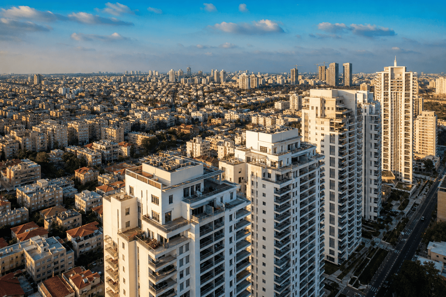 נוף אווירי של עיר ישראלית עם בנייני דירות מודרניים ושכונות ותיקות באור זהוב — מדד מחירי דירות 2026
