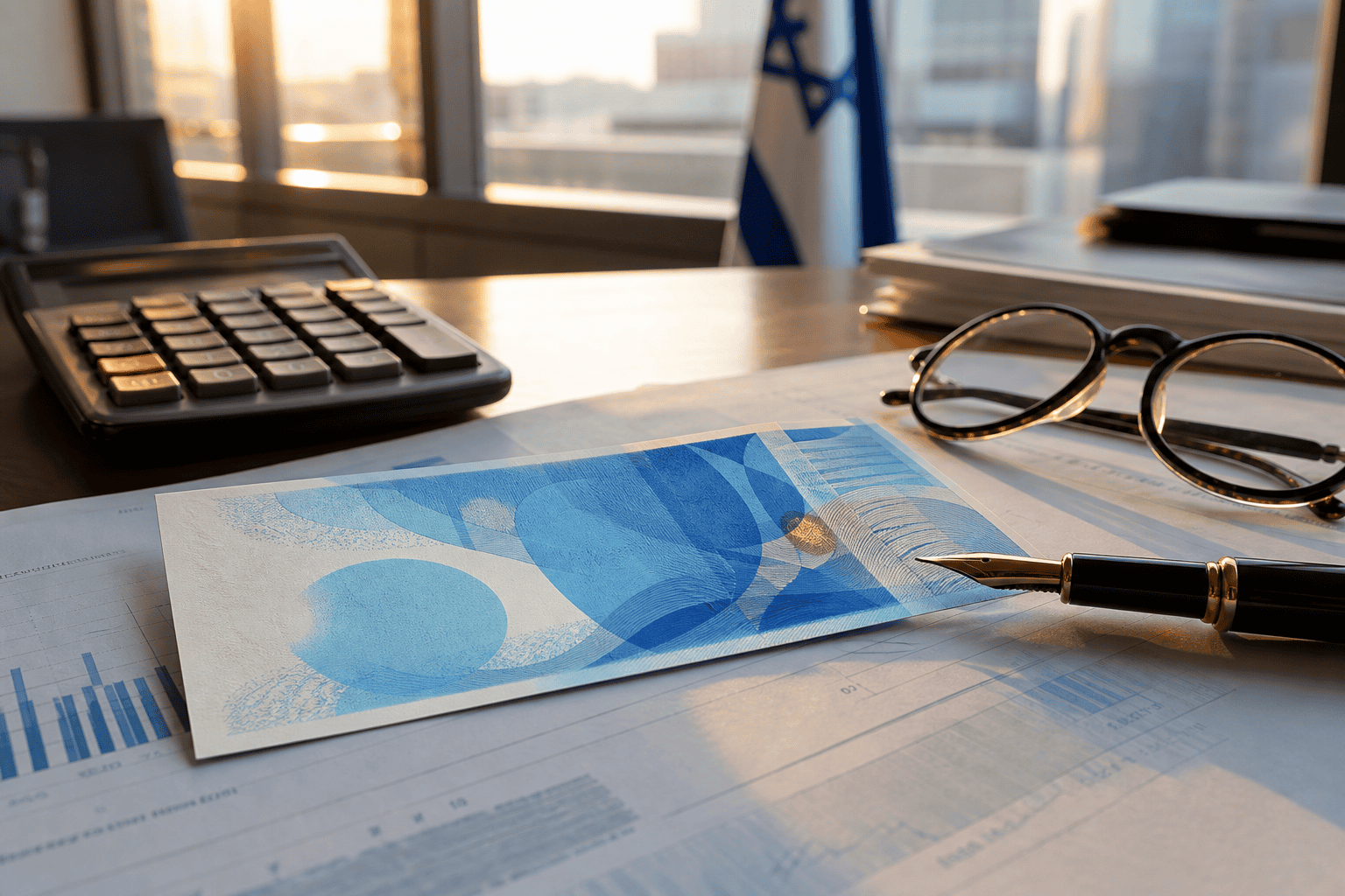 שטר 200 שקל של בנק ישראל על מסמך פיננסי עם מחשבון ועט, אור צד דרמטי, החלטת הריבית מאי 2026