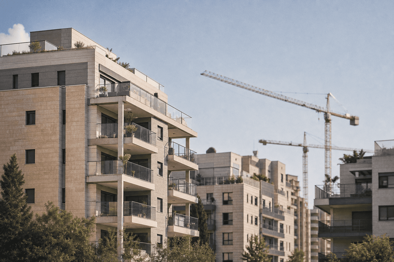 בנייני מגורים חדשים בישראל ביום בהיר עם מנופי בנייה ברקע, אילוסטרציה לדוח הלמס על עסקאות דירות