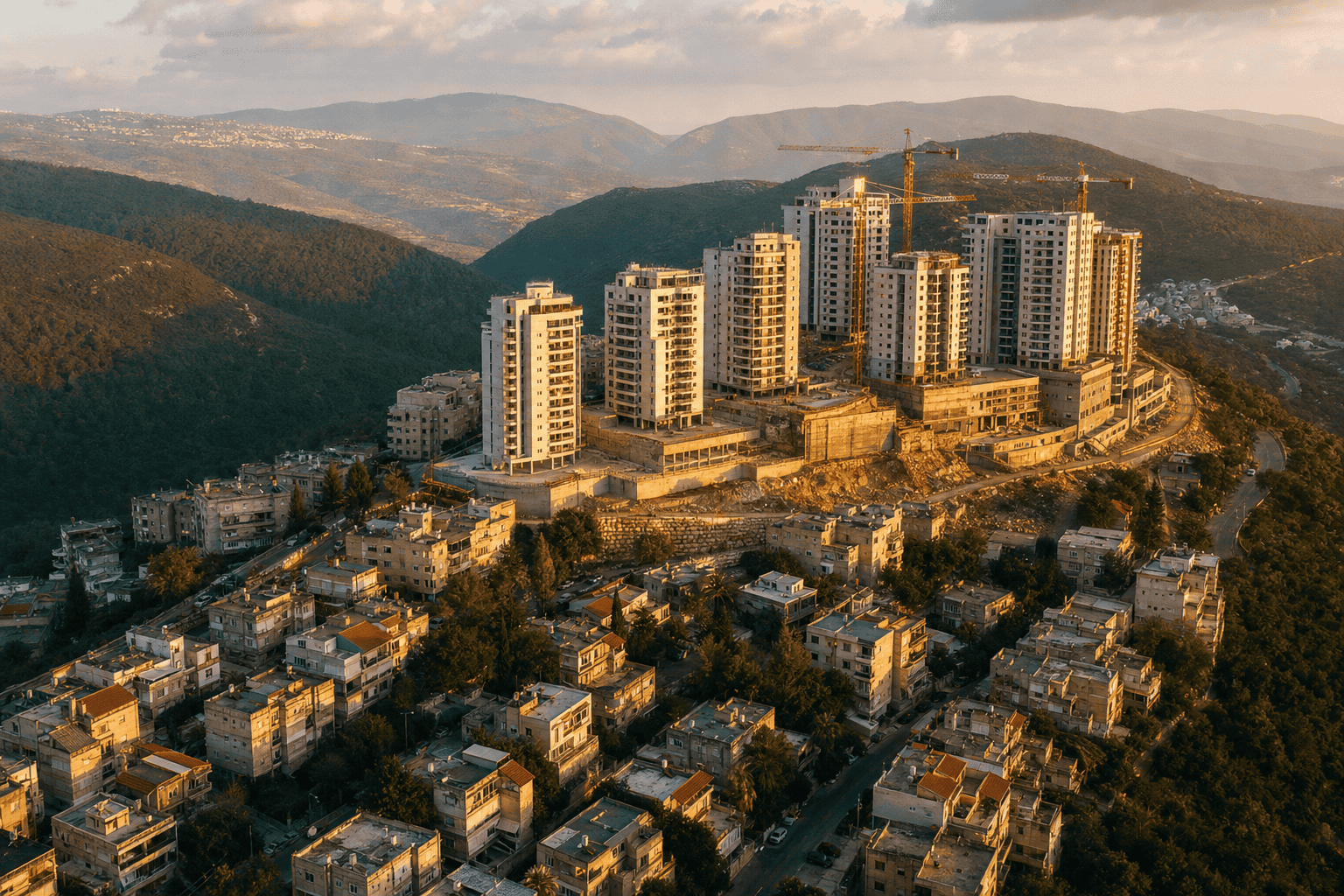 מבט אווירי על עיר בגליל עם בנייני מגורים חדשים בהקמה לצד שכונה ותיקה, המחשה להתחדשות עירונית בפריפריה