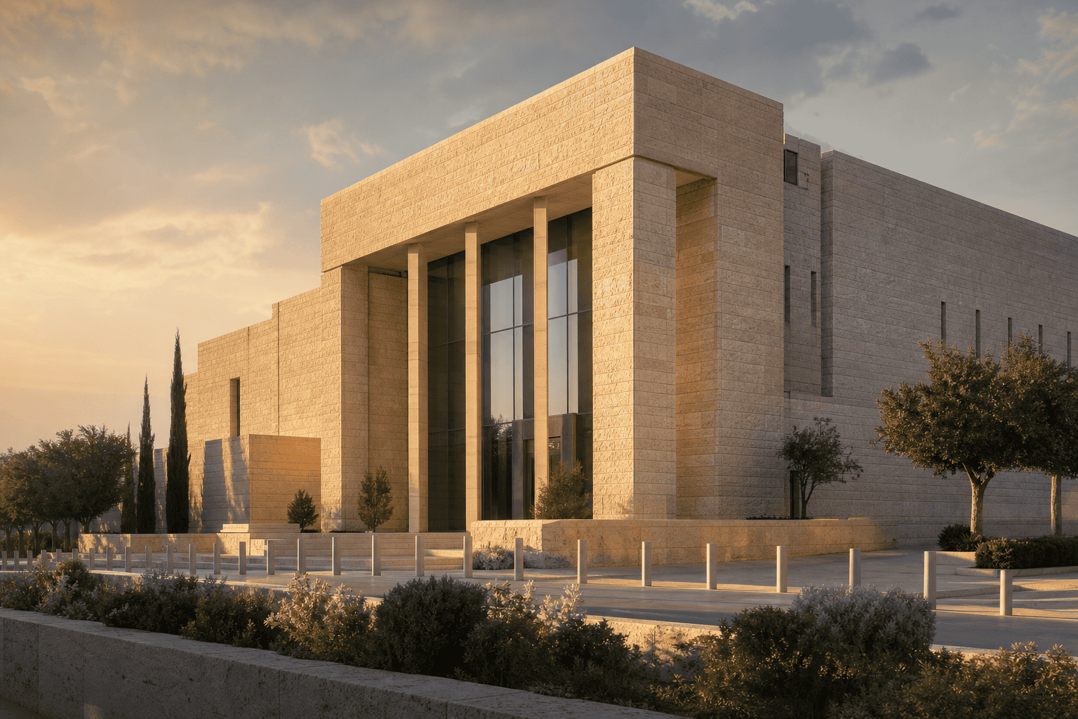 בניין מוסדי מודרני מאבן ירושלמית בשעת זריחה, המחשה להחלטת הריבית של בנק ישראל