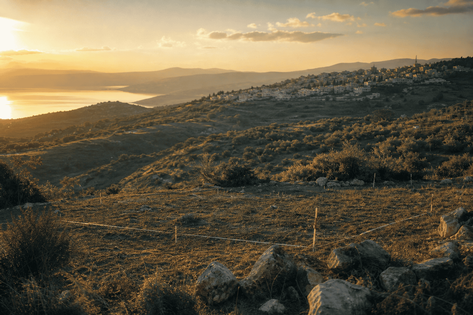 גבעות ירוקות בגליל עם מגרש פנוי לבנייה עתידית ויישוב על הרכס הסמוך