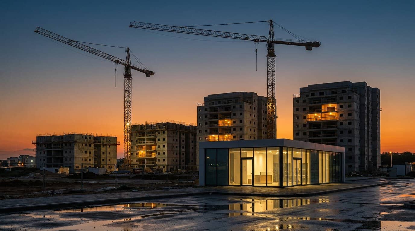 אתר בנייה ישראלי עם מנופים ומגדלי מגורים בהקמה בשעת בין ערביים ומשרד מכירות מואר בחזית