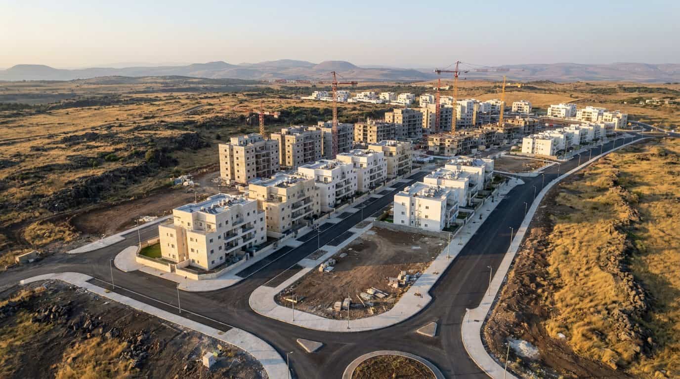 מבט אווירי על שכונת מגורים חדשה בבנייה ברמת הגולן, בנייני מגורים נמוכים ועגורנים