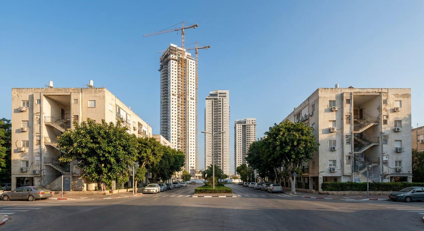 בנייני שיכון ותיקים ומאחוריהם שלושה מגדלי מגורים חדשים בגבהים שונים בבנייה