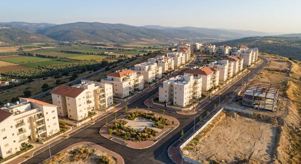 שכונת מגורים חדשה בבנייה נמוכה על רכס גבוה בצפון, עם נוף לעמק חקלאי - אילוסטרציה
