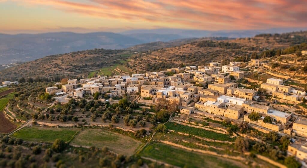 מבט אווירי על יישוב דרוזי מסורתי בגליל המערבי עם בתי אבן ומטעי זיתים