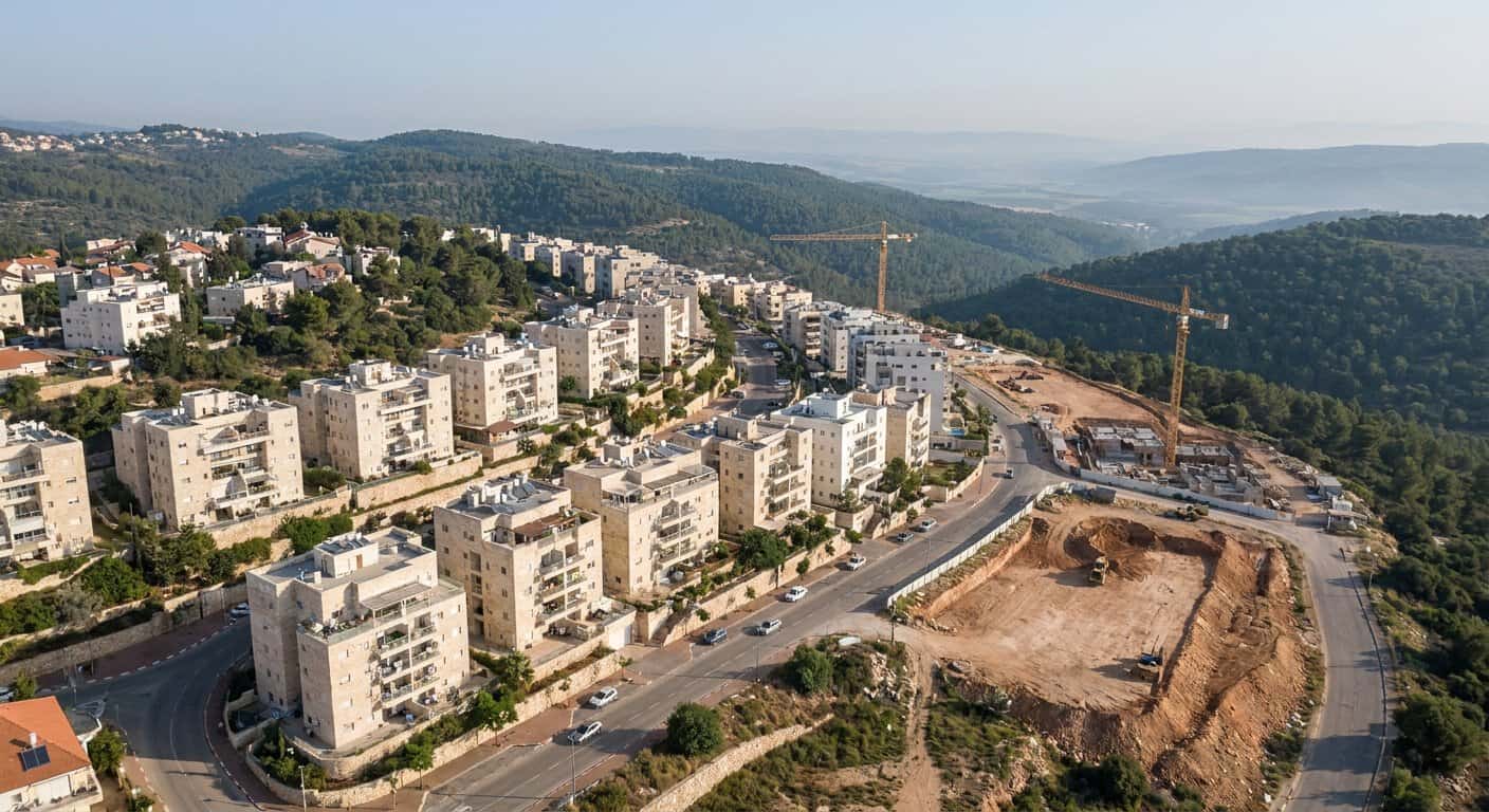 מבט אווירי על מעלות תרשיחא בגליל המערבי עם שכונות מגורים ואתרי בנייה בשולי היישוב, אילוסטרציה