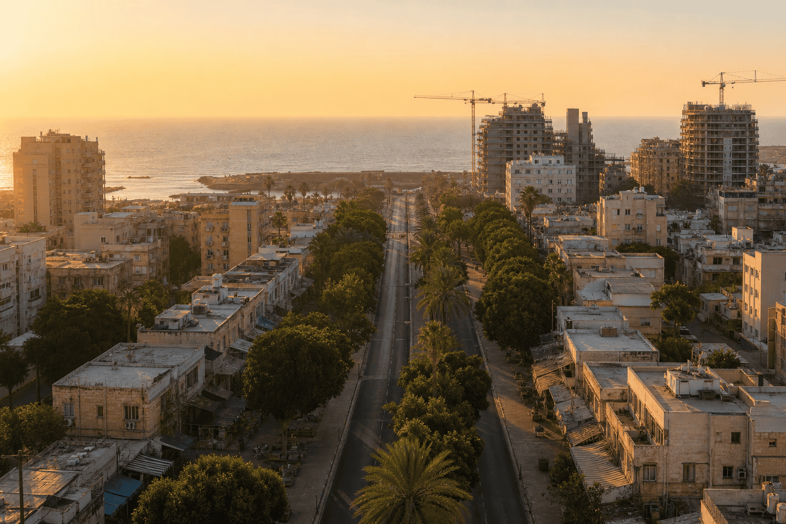 הכניסה לנהריה בשעת בין ערביים, שדרה רחבה לכיוון הים ובניינים ותיקים משני צדדיה. אילוסטרציה